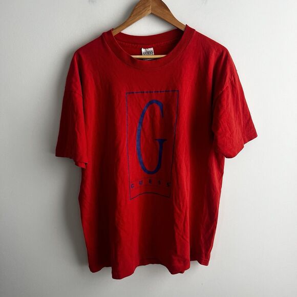 Vintage Guess TShirt One Size Tee Spell Out Single Stitch Made In USA Red Unisex - Picture 1 of 6